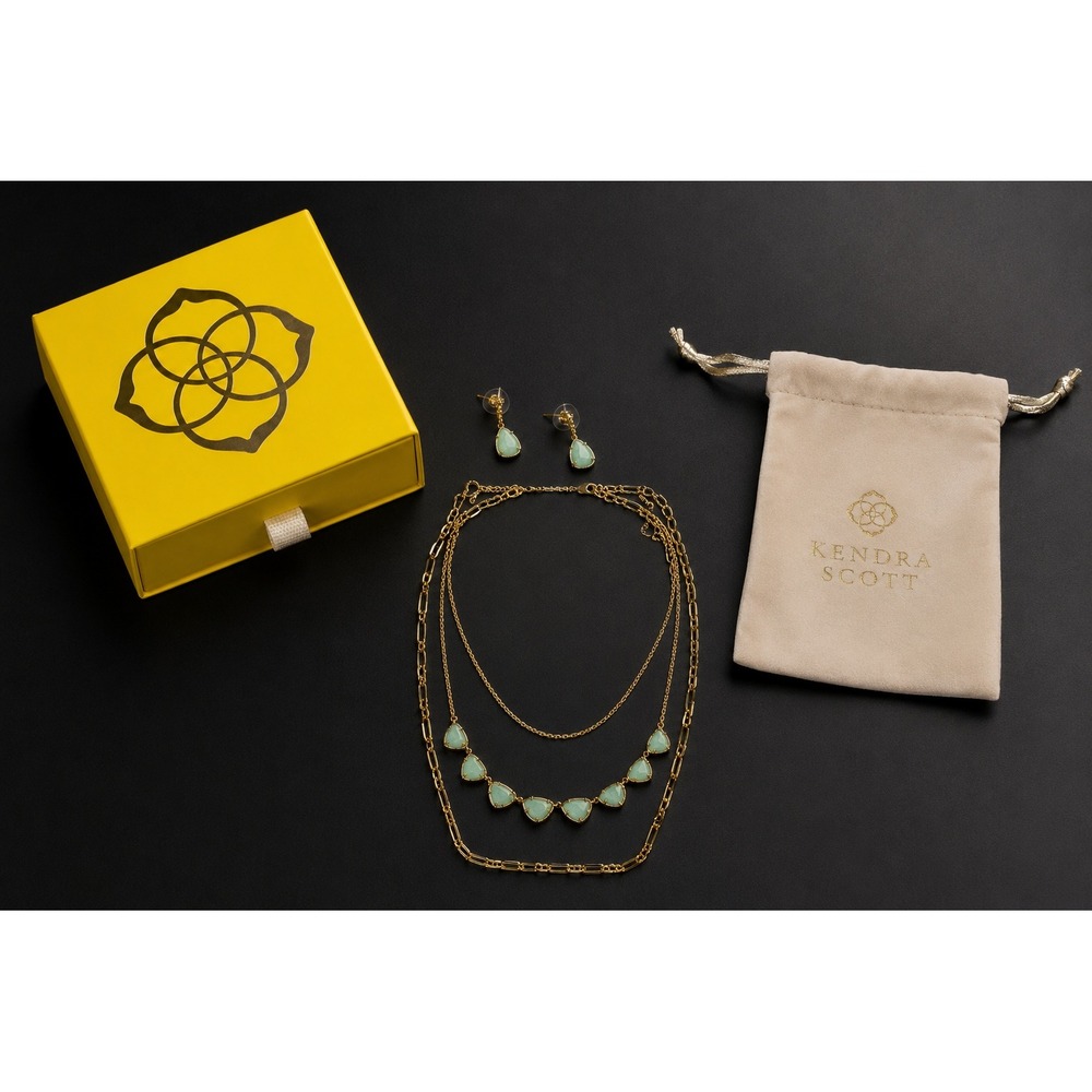 Kendra Scott Jewelry Set Womens OS Green Gold Layered Necklace & Drop Earrings - Picture 2 of 4